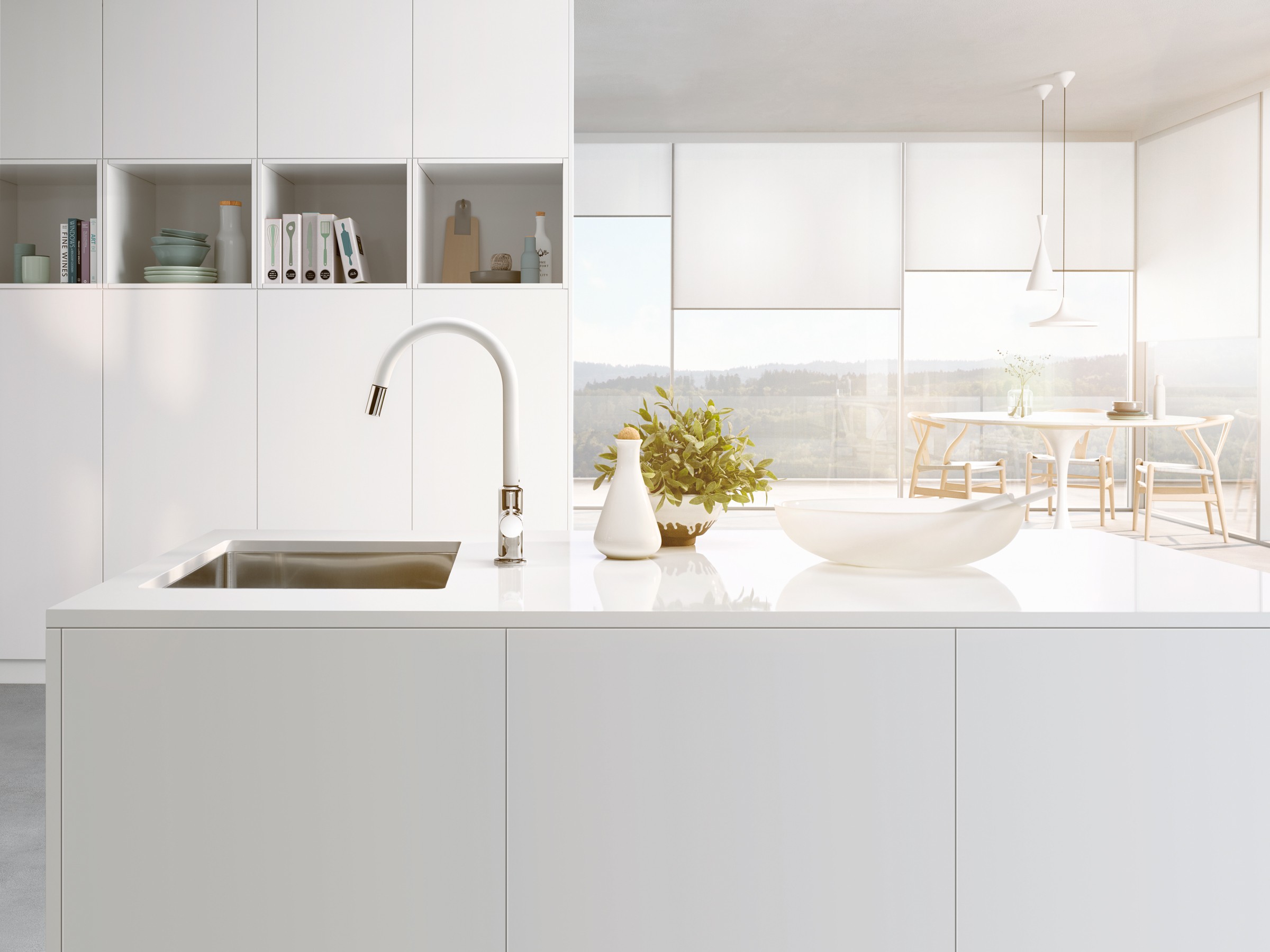 W aranżacji kuchni można zobaczyć armaturę kuchenną firmy KLUDI